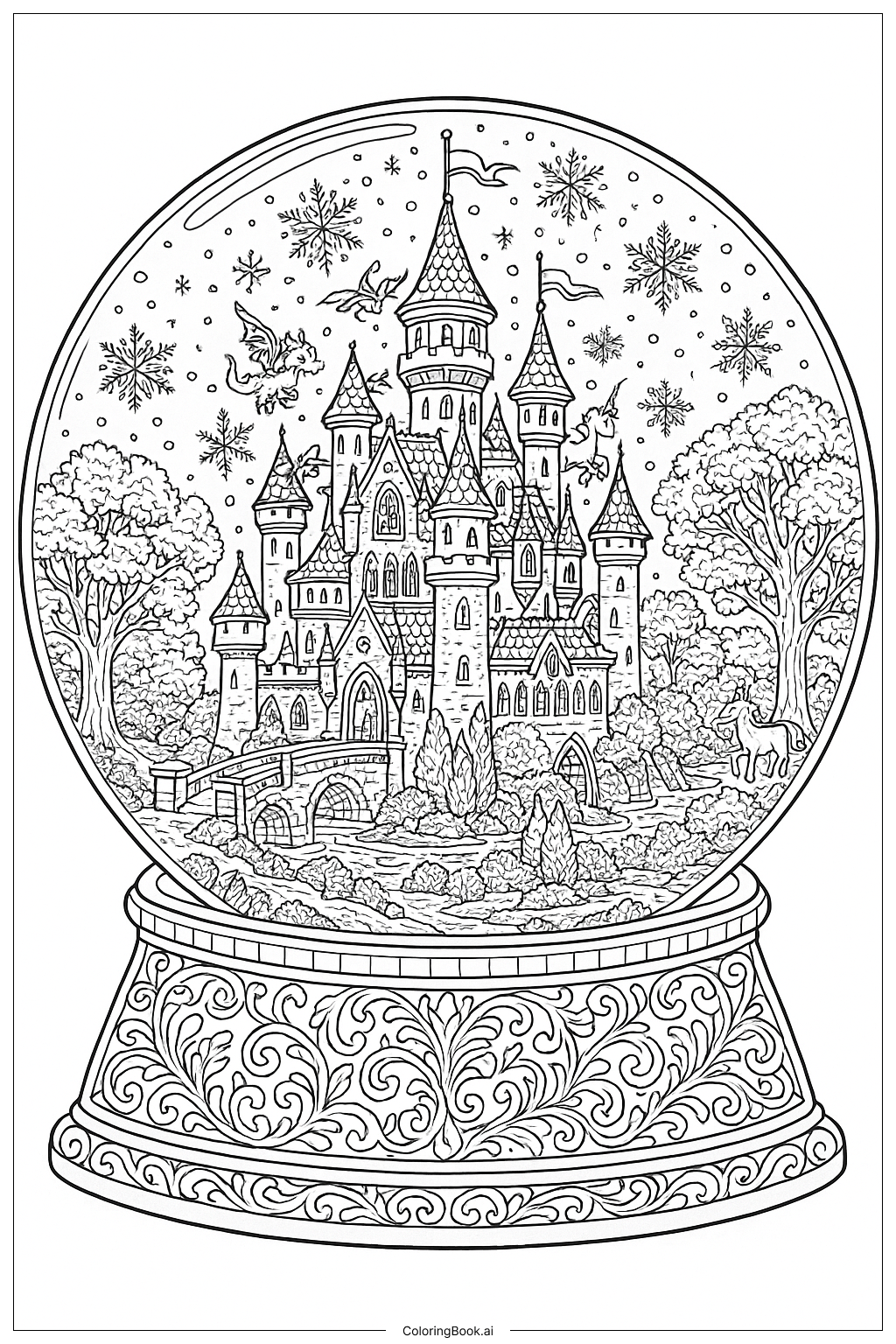 グランドファンタジーキャッスルスノーグローブシーンの塗り絵ページ