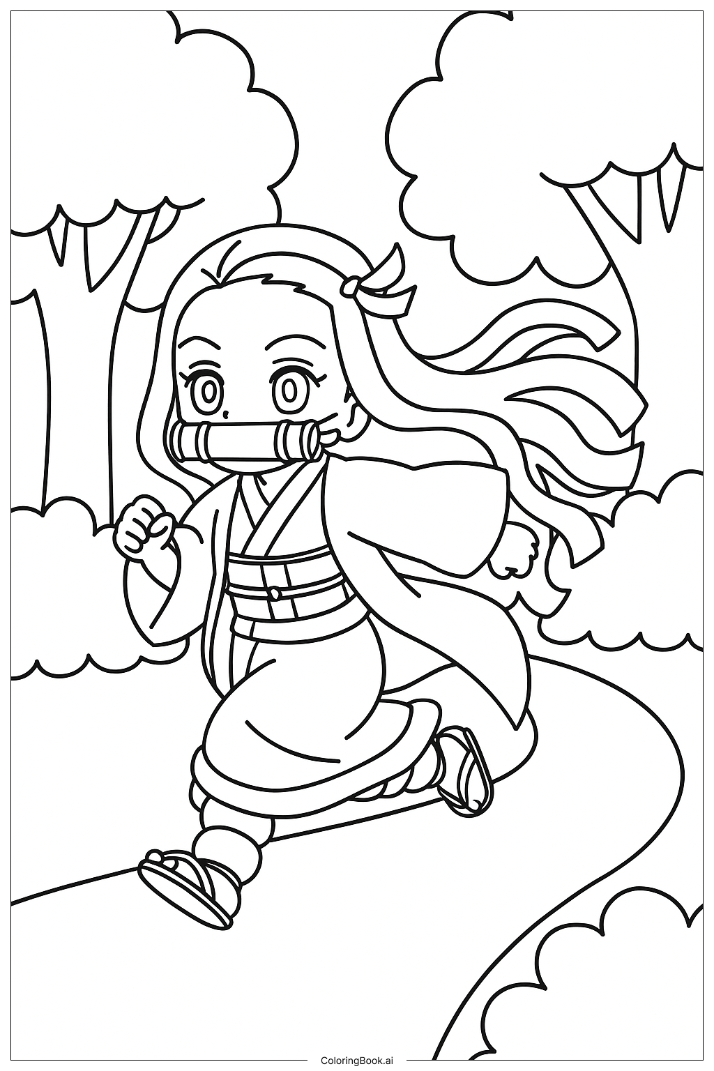  Página para colorear de Nezuko corriendo por un bosque 