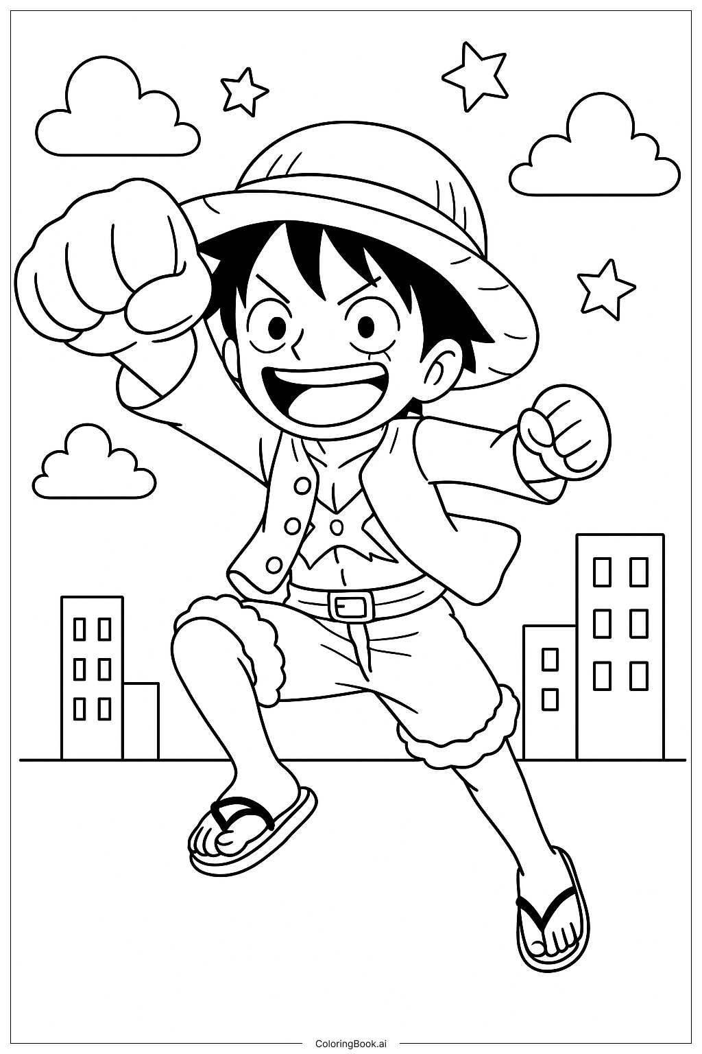  ルフィのダイナミックなアクションポーズの塗り絵ページ 