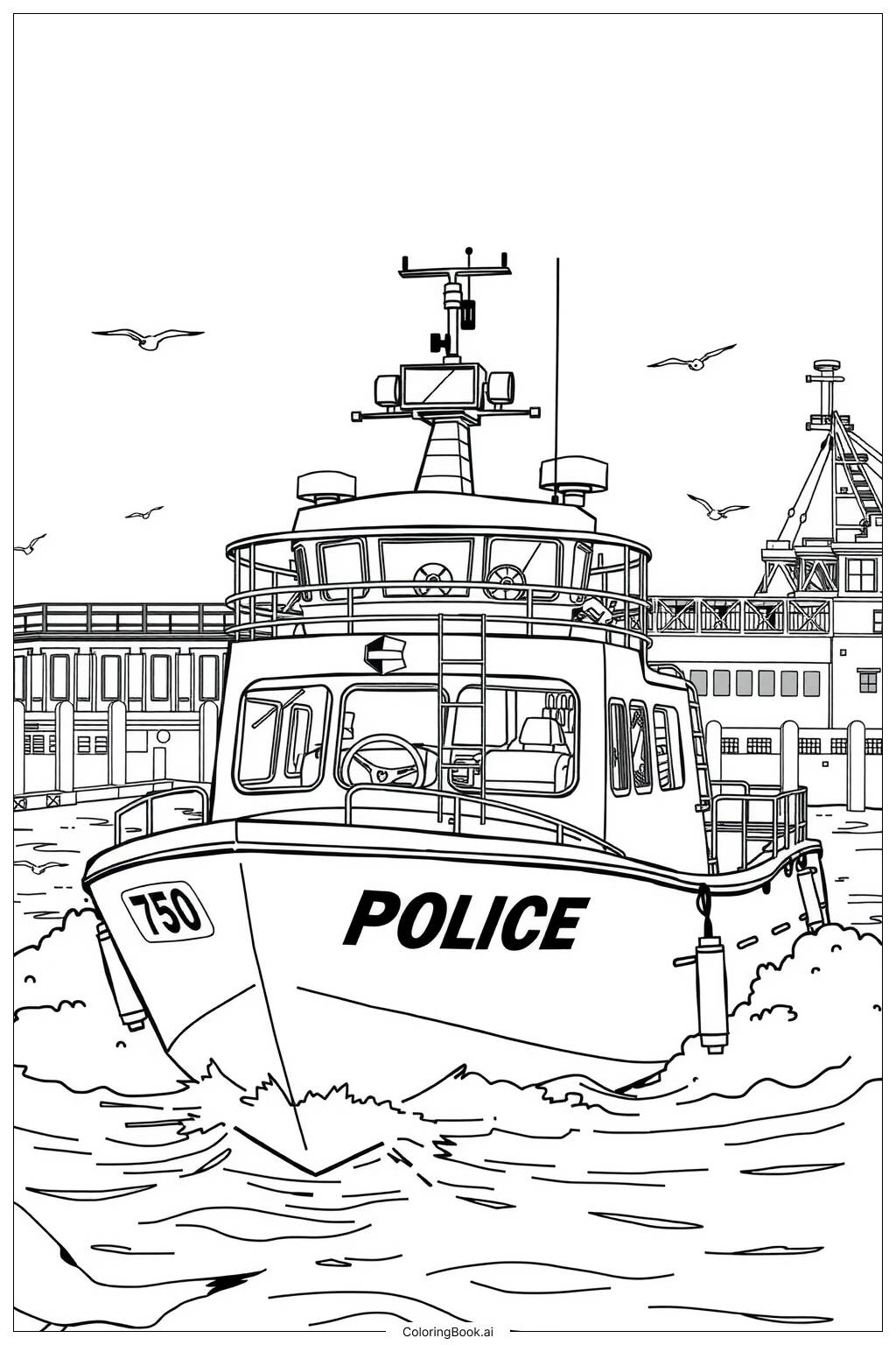  Page de coloriage Bateau de police patrouillant le port 