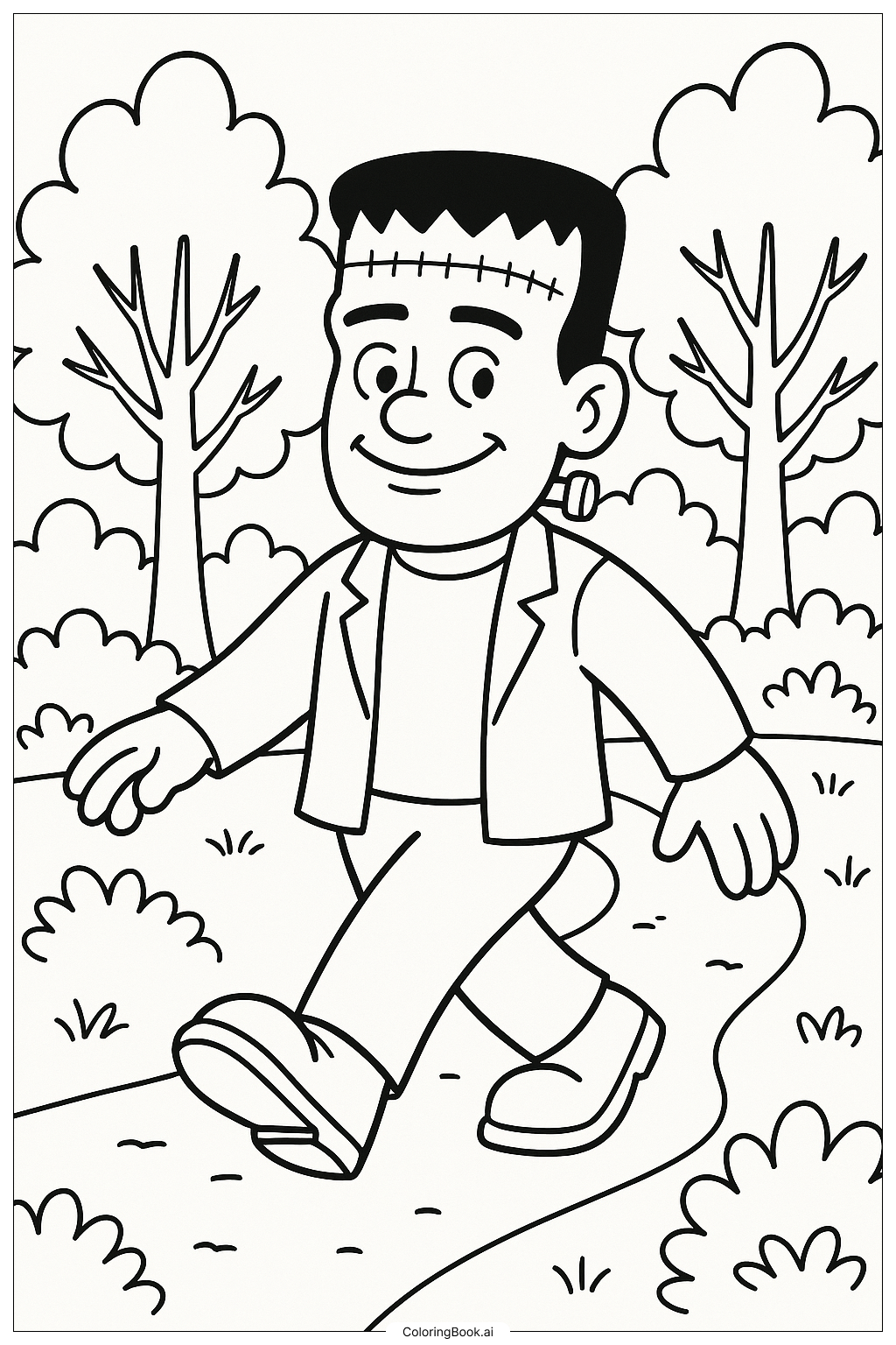  Frankenstein, der durch einen Wald geht Ausmalseite 