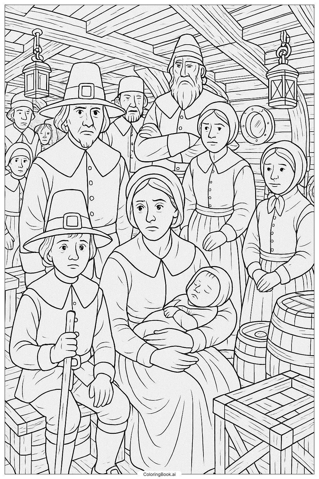  혼잡한 메이플라워호 안의 필그림 가족 색칠공부 페이지 