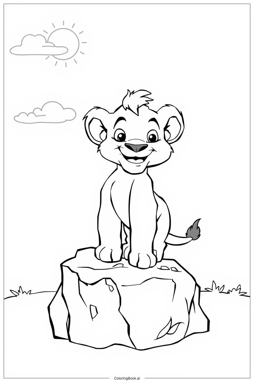  Page de coloriage le roi lion simba debout sur un rocher 