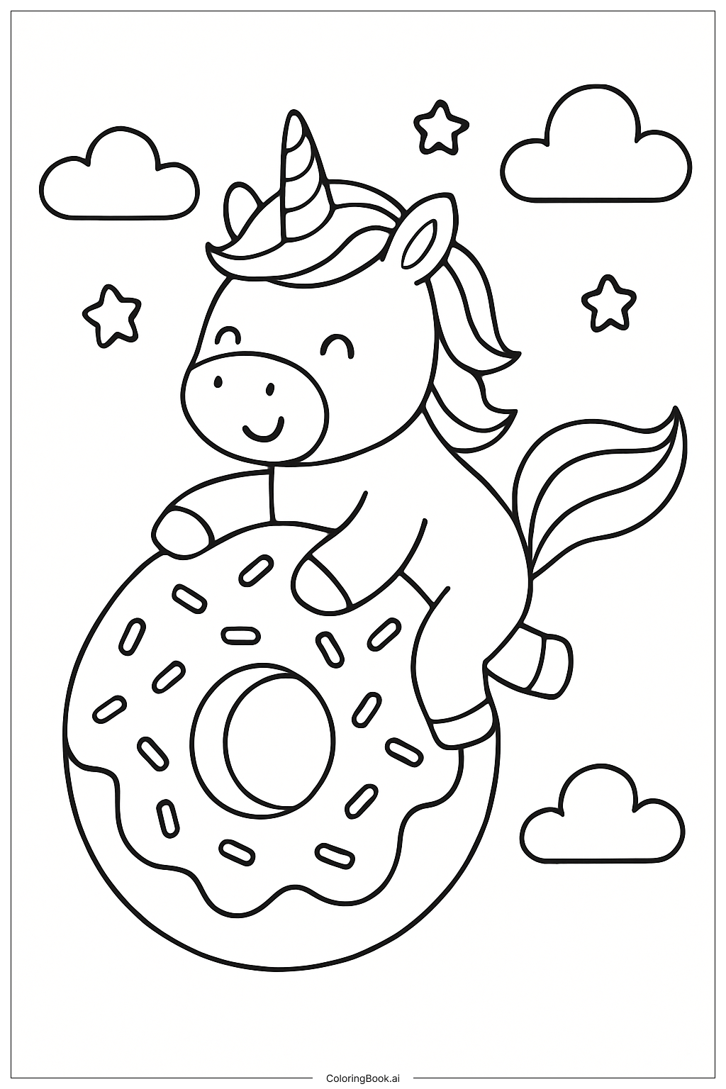  Unicorn Riding A Giant Donut Coloring Page 