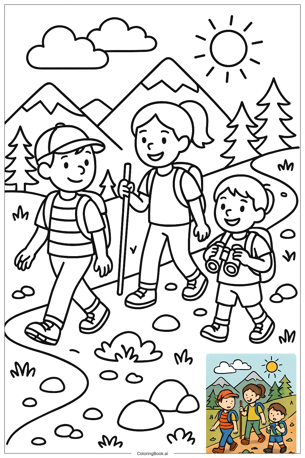 Freunde beim Wandern auf einem Bergweg Ausmalseite