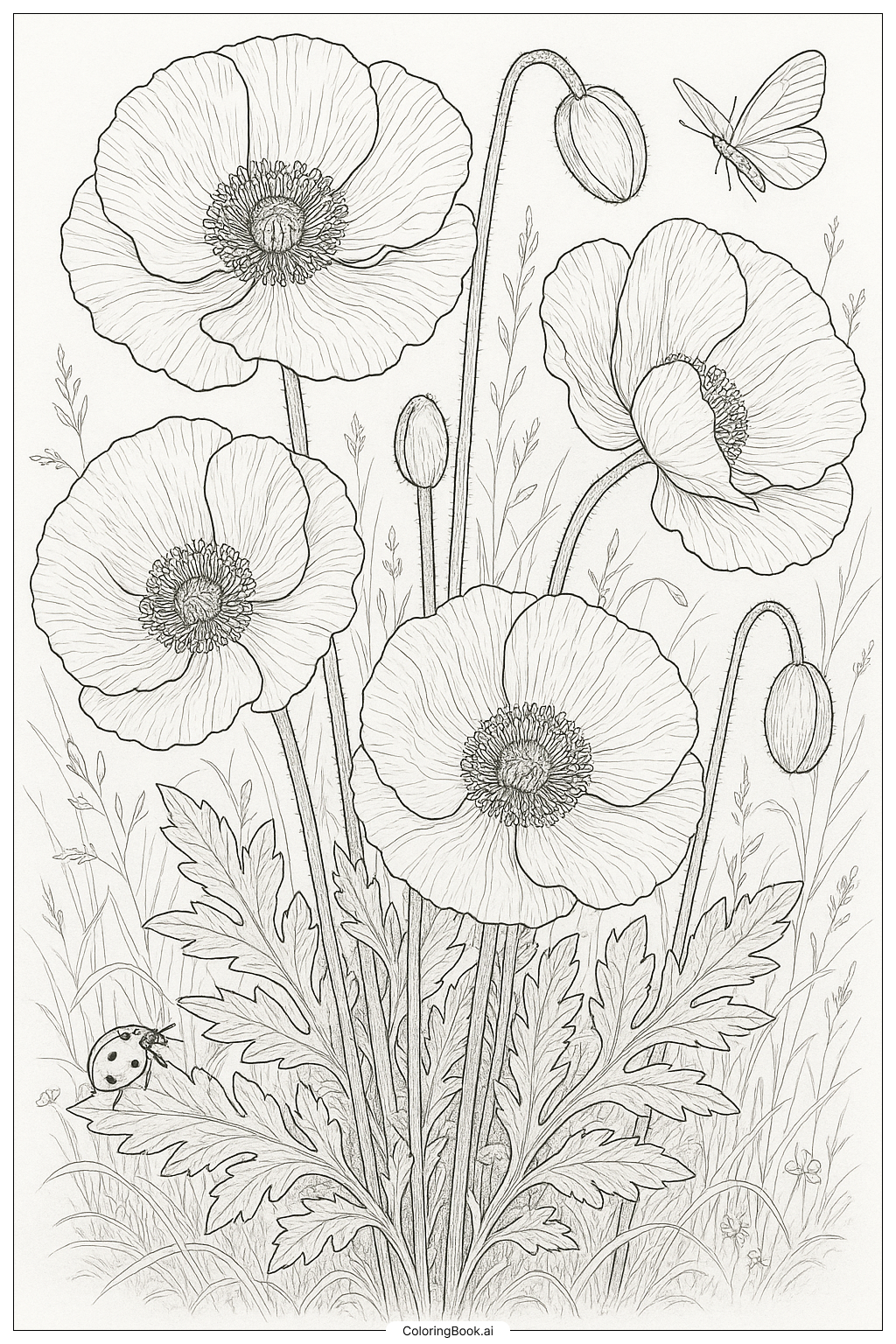  Trang tô màu Minh họa thực vật hoa anh túc chân thực 