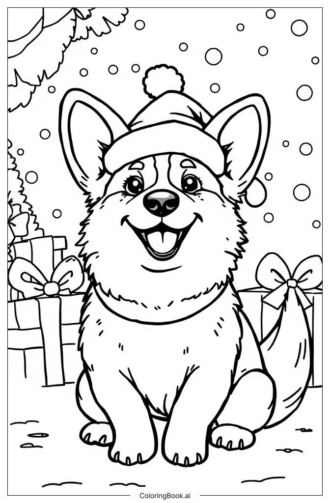  Página para colorear de Corgi de Navidad 