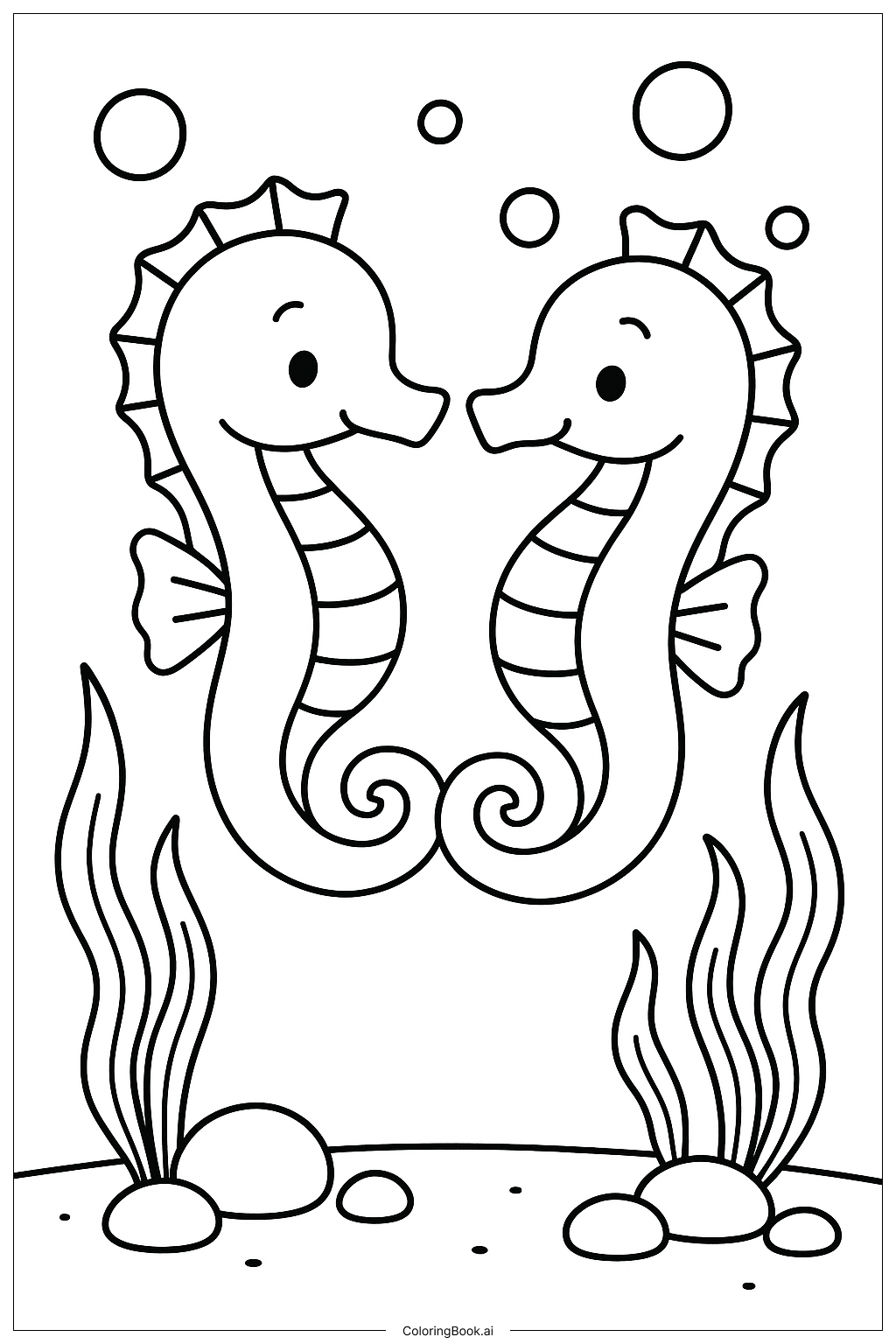Página para colorear de Un Par de Caballitos de Mar Sujetándose las Colas