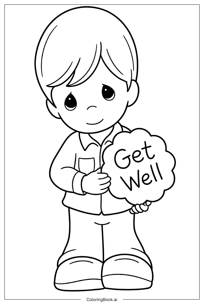  Página para colorear de Niño de Precious Moments comparte un sentido deseo de pronta recuperación 
