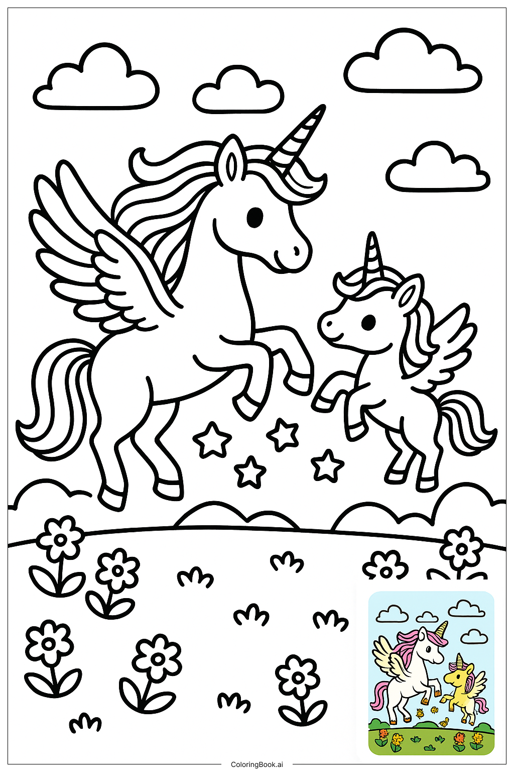  Página para colorir de Unicórnio Ensinando Bebê Unicórnio a Voar 