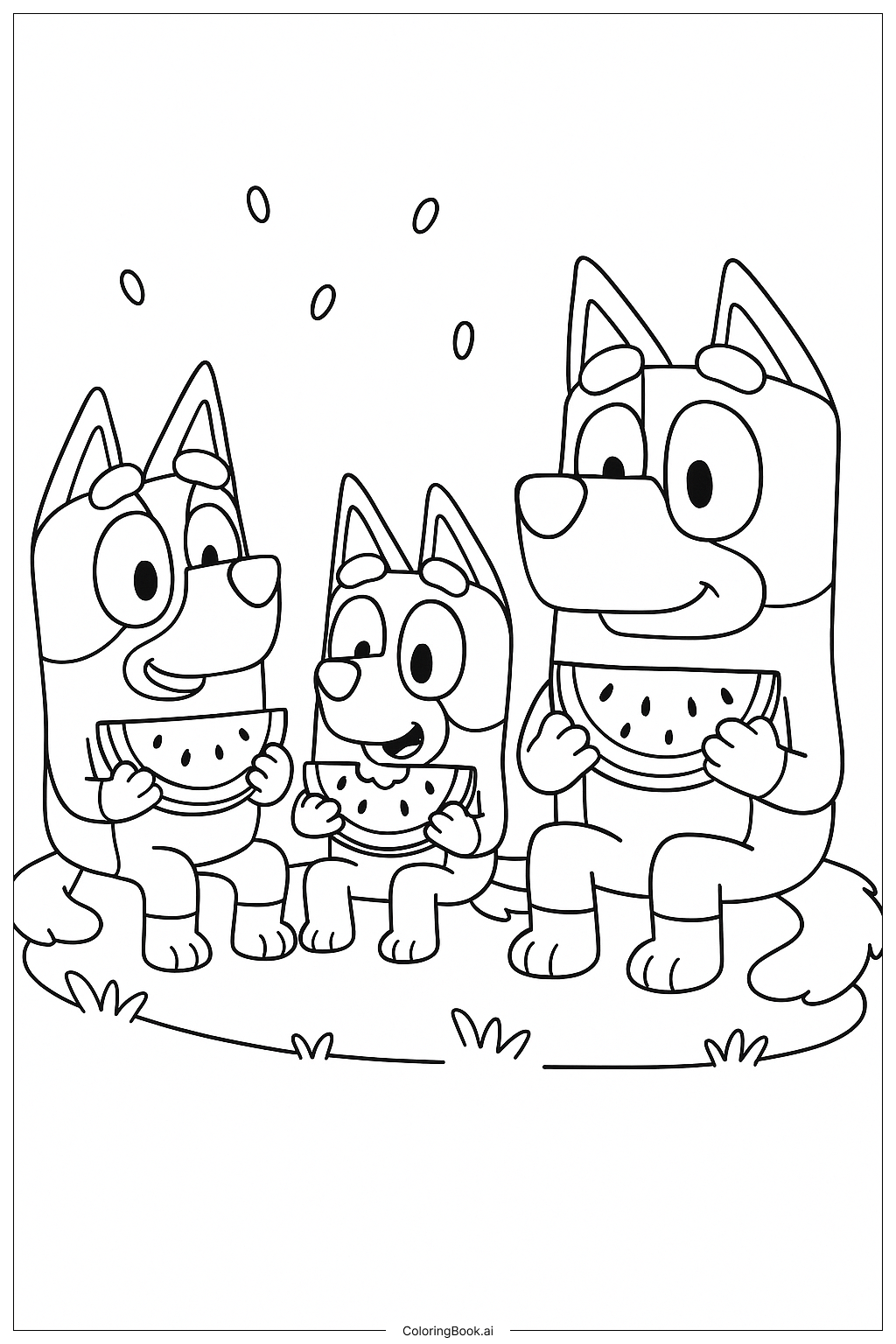  Bluey und Familie essen Wassermelonenscheiben Ausmalseite 