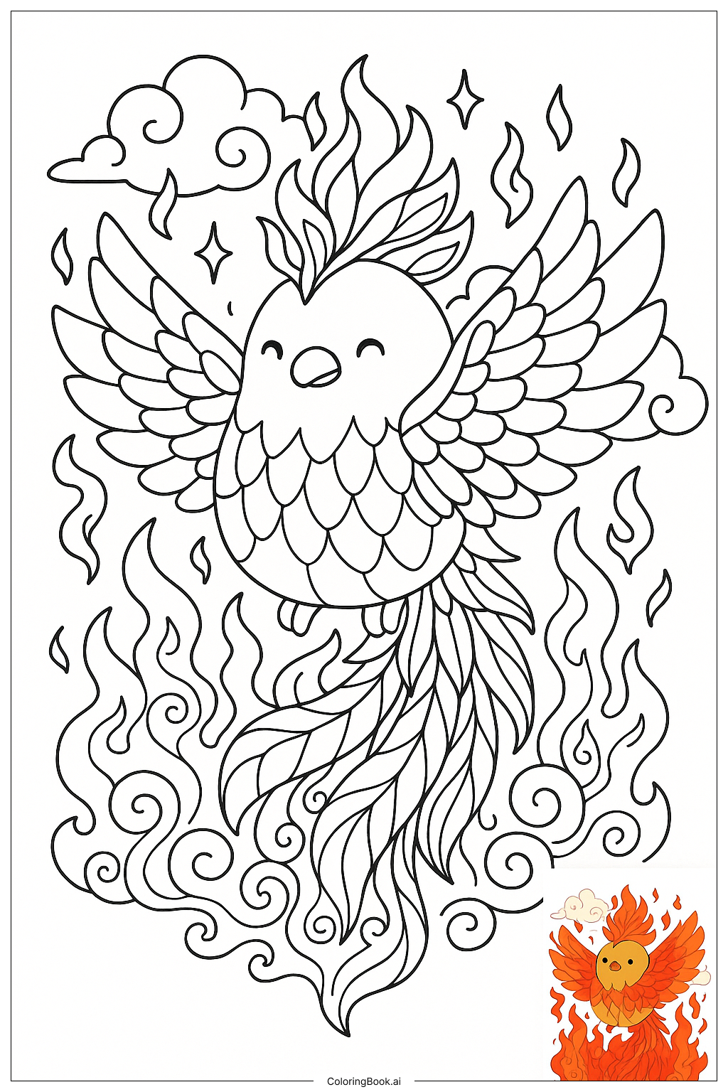  Página para colorear de Squishmallow Raro Fénix Surgiendo de las Llamas 