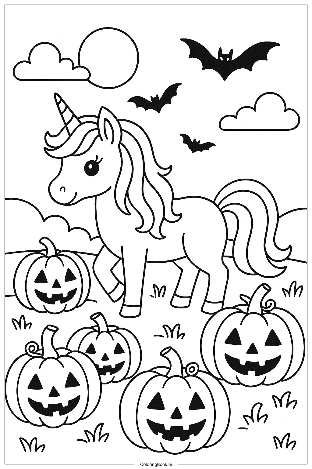  マジックユニコーンのハロウィンナイトの塗り絵ページ 