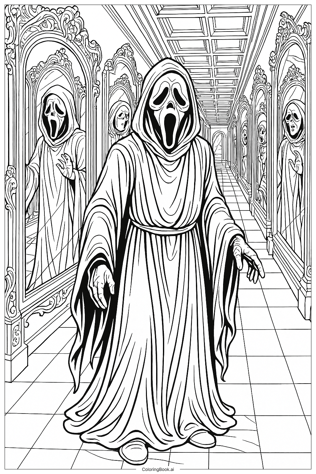  Página para colorear de Ghostface en un Pasillo de Espejos 
