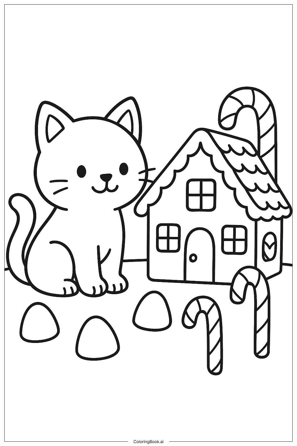  A Cat Looking At A Gingerbread House Coloring Page 