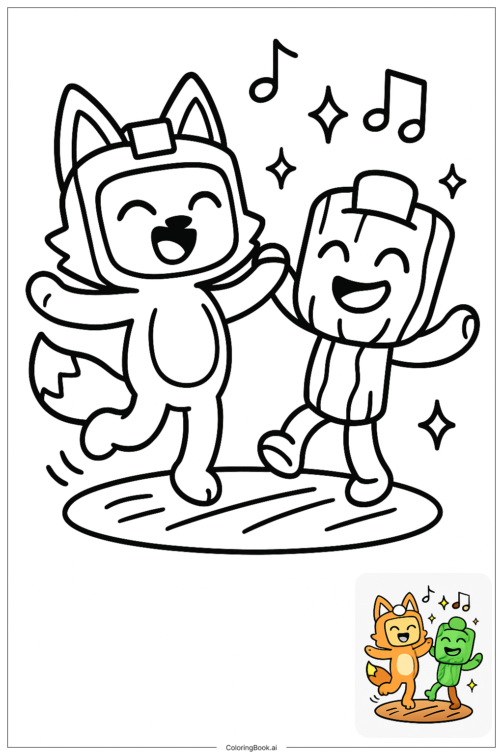 Trang tô màu Foxy Lankybox Nhảy múa với Sticky