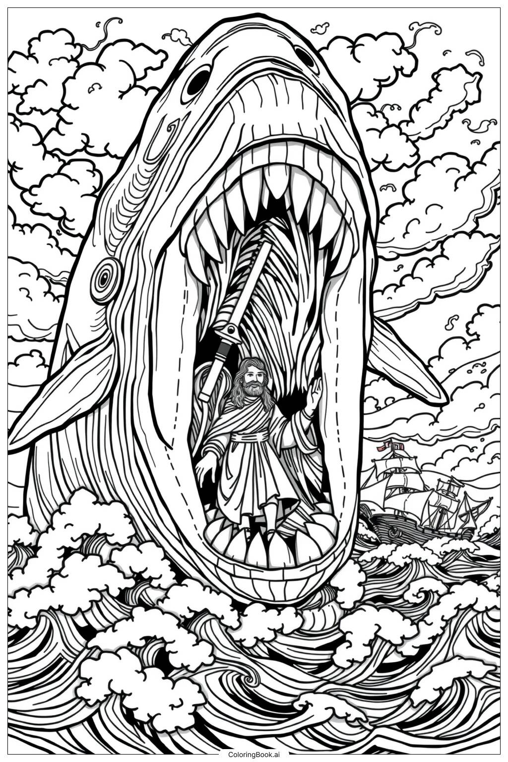  Page de coloriage Jonas et la Baleine Scène Simple 