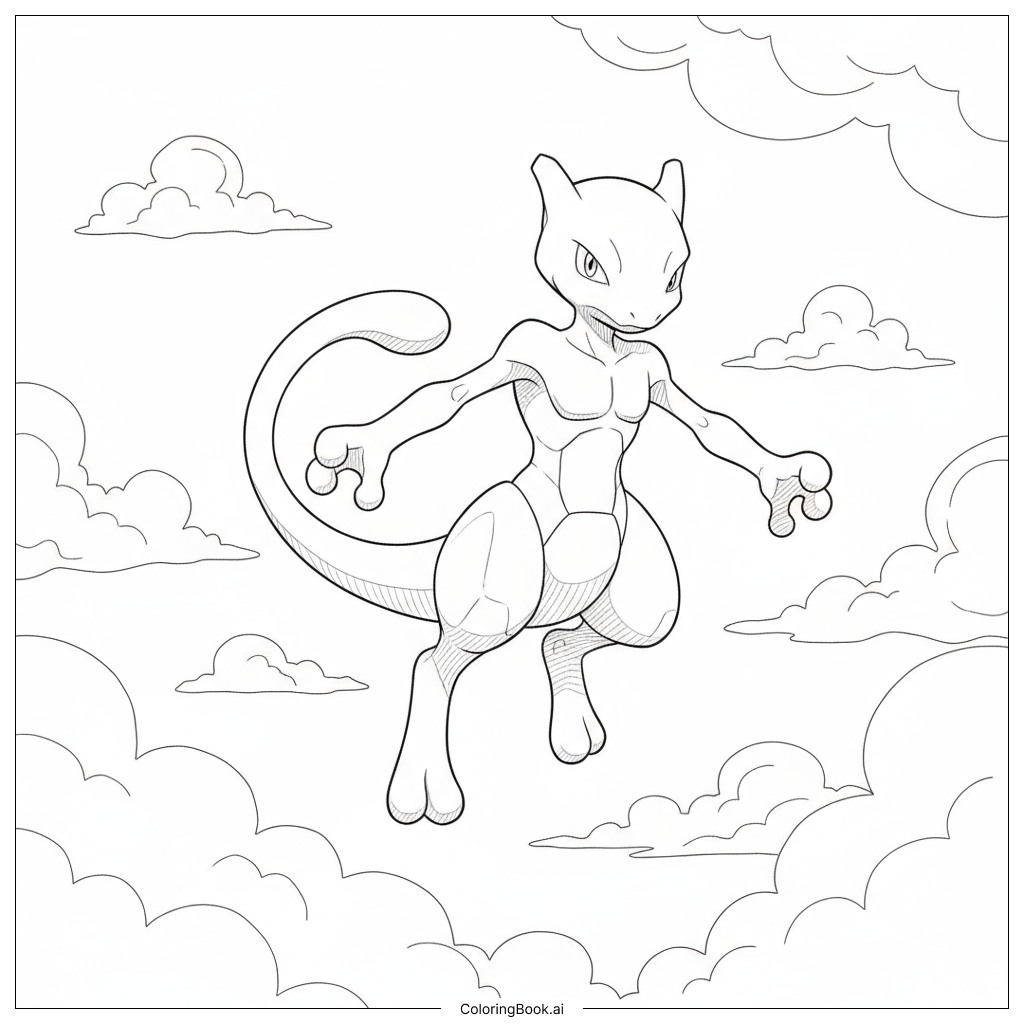  Page de coloriage Mewtwo flottant majestueusement parmi les nuages 