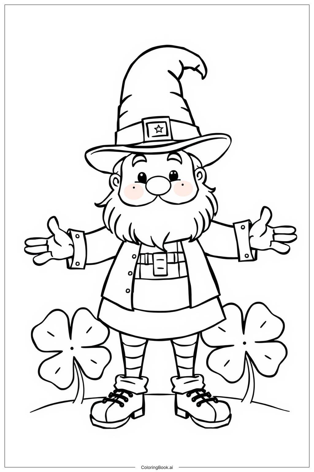  Page de coloriage Lutin entouré de trèfles à quatre feuilles 