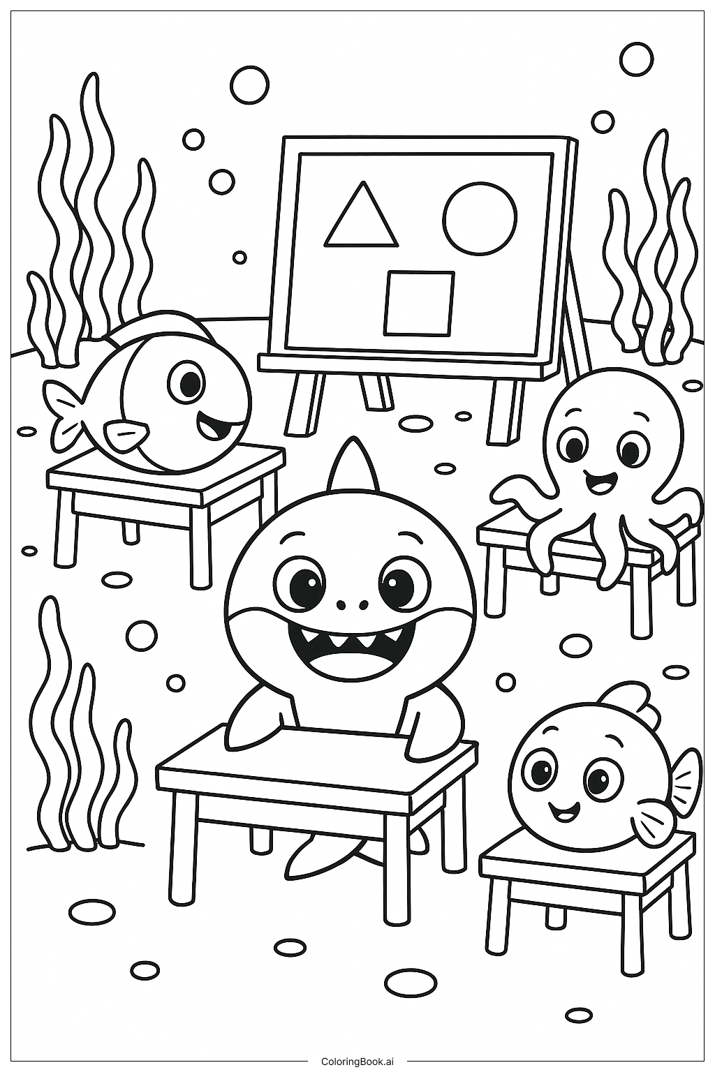 Baby Shark的海底學校教室著色頁