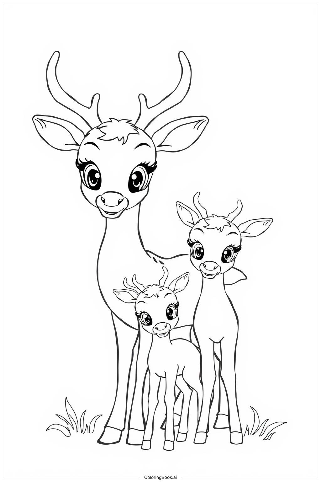  Page de coloriage Famille de Cerfs Kawaii 