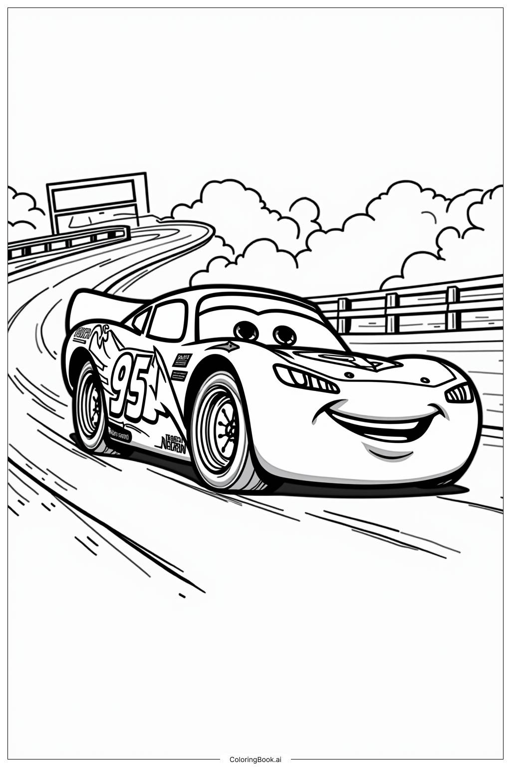  Page de coloriage Lightning McQueen s'entraînant sur une piste de course 