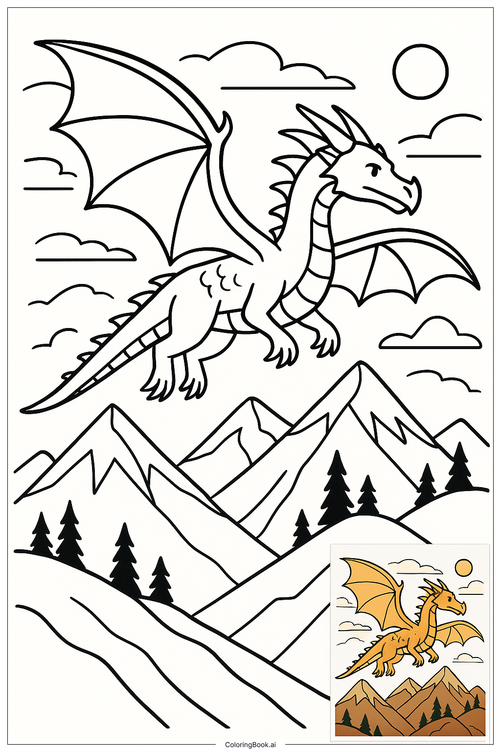  山を飛ぶドラゴンの塗り絵ページ 