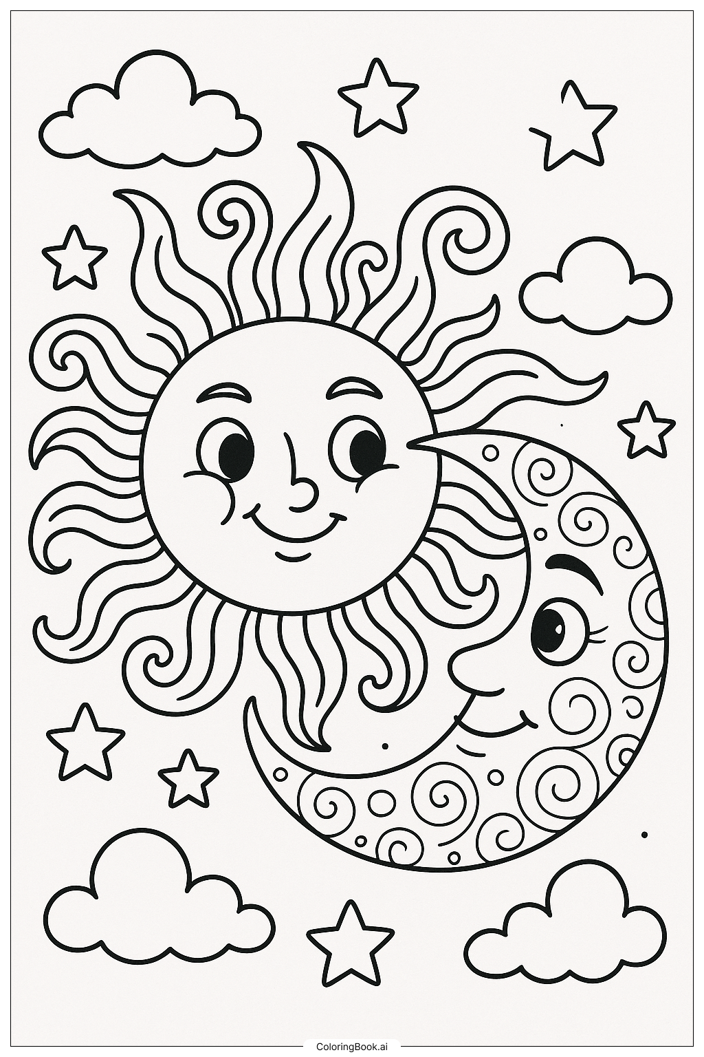 Trang tô màu Mặt Trời Và Mặt Trăng Nghệ Thuật Phối Hợp 