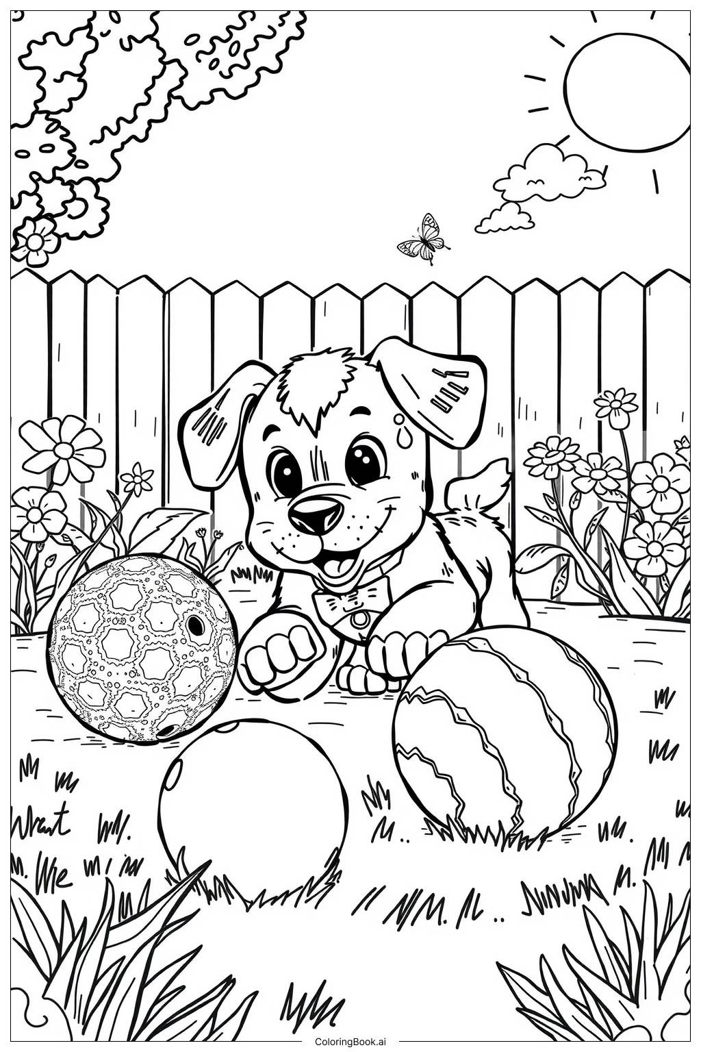  Puppy Playing with a Ball-2 Coloring Page 