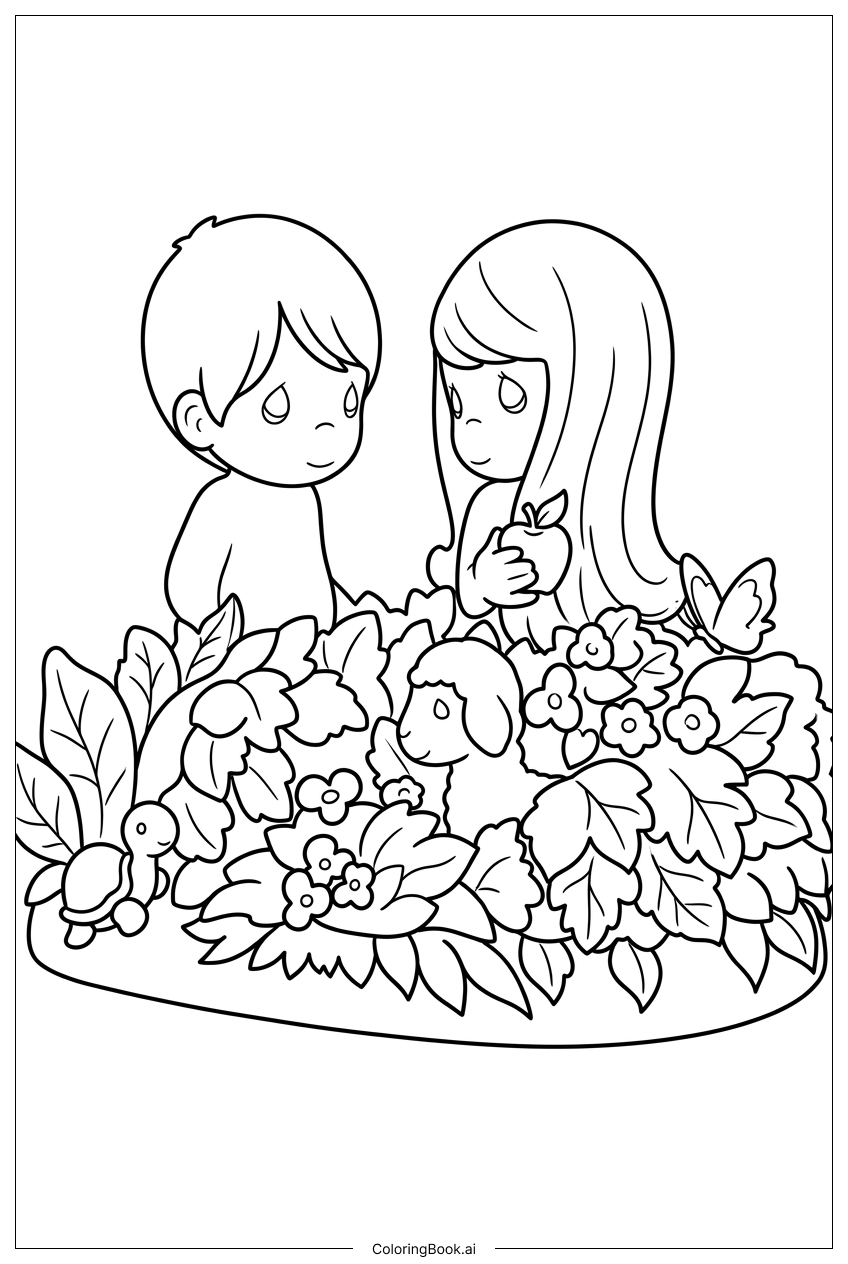  Página para colorear de Niños de Precious Moments se encuentran en un jardín encantado 