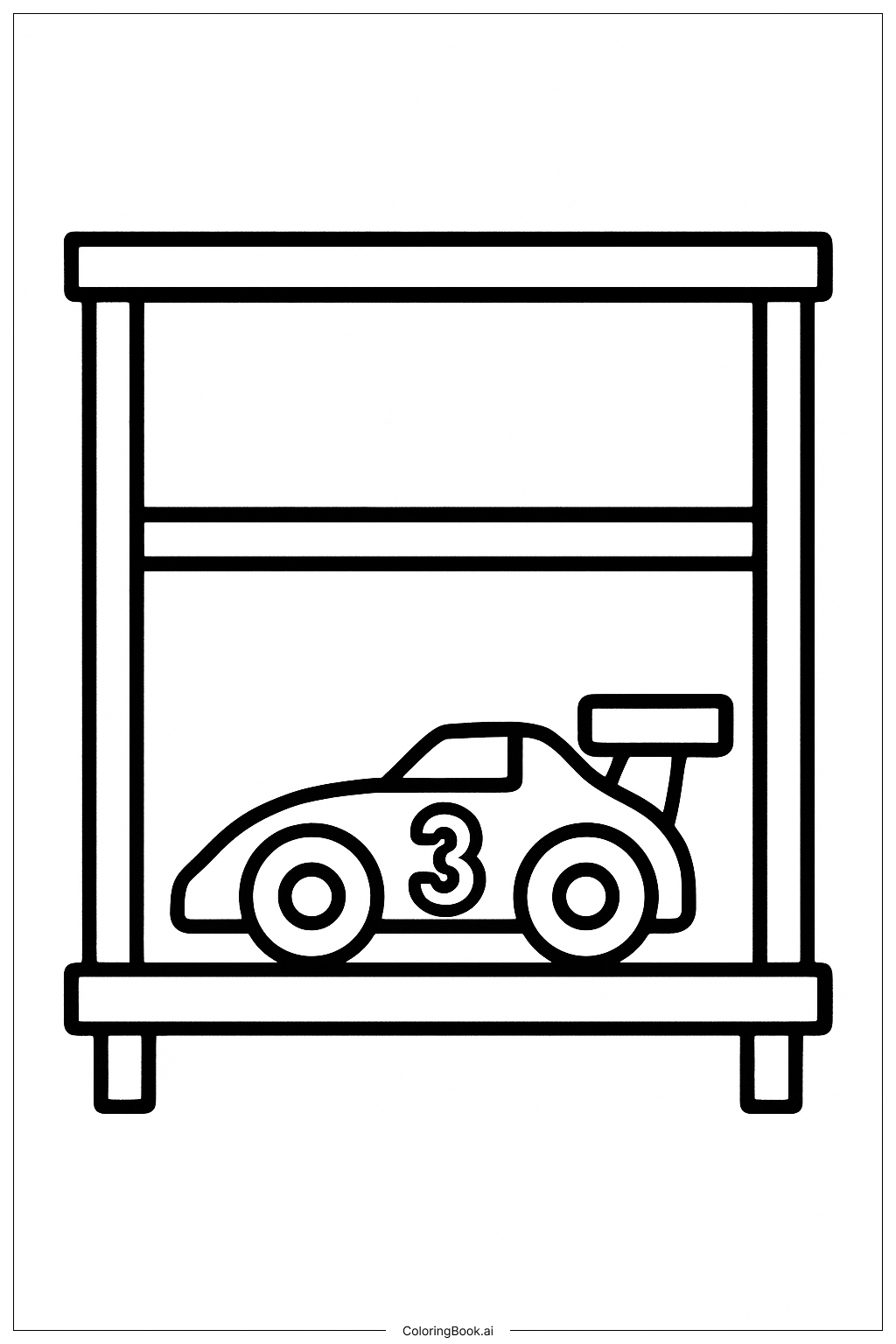  模型赛车在玩具架上填色页 