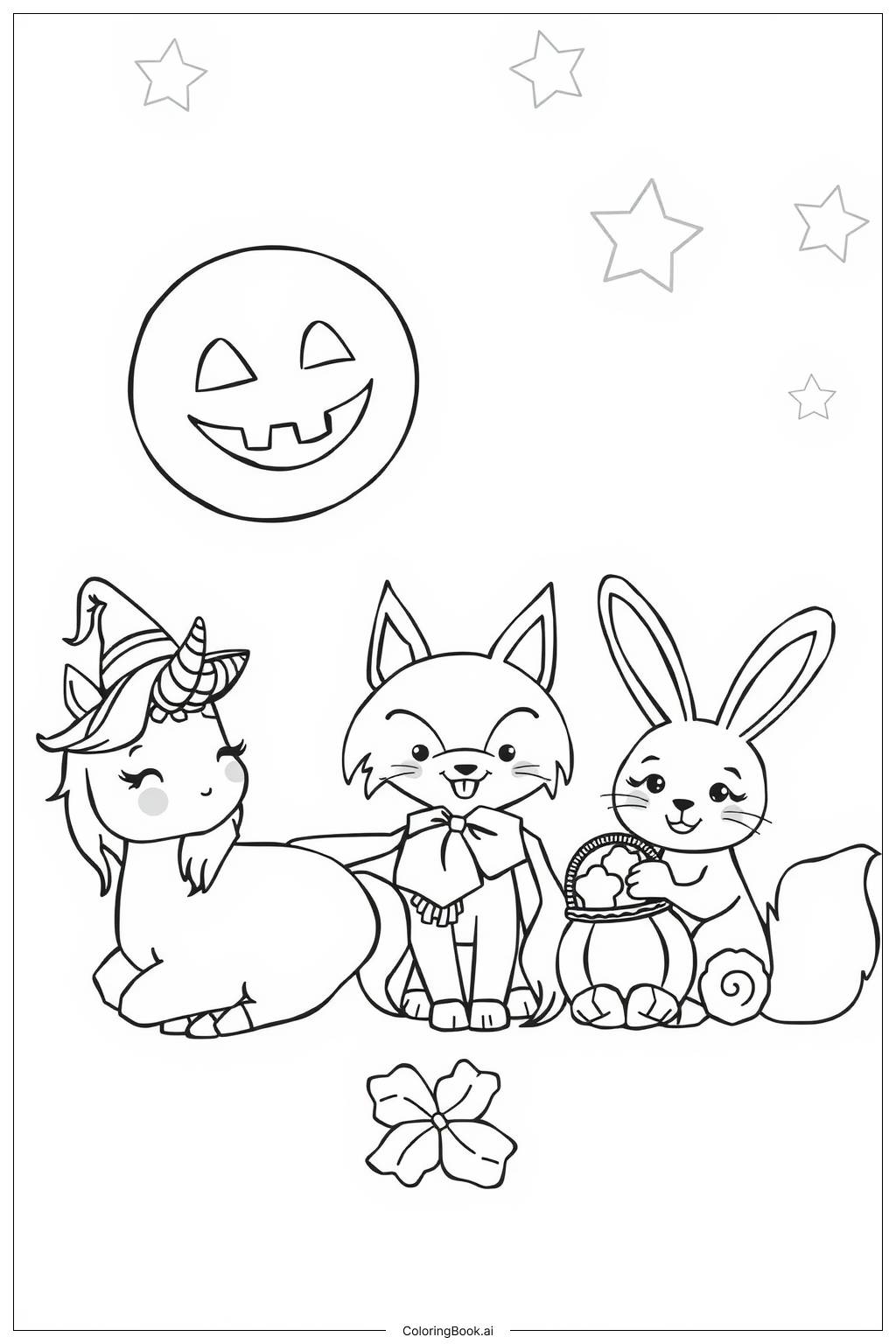  Page de coloriage licorne et amis faisant une fête d'Halloween 