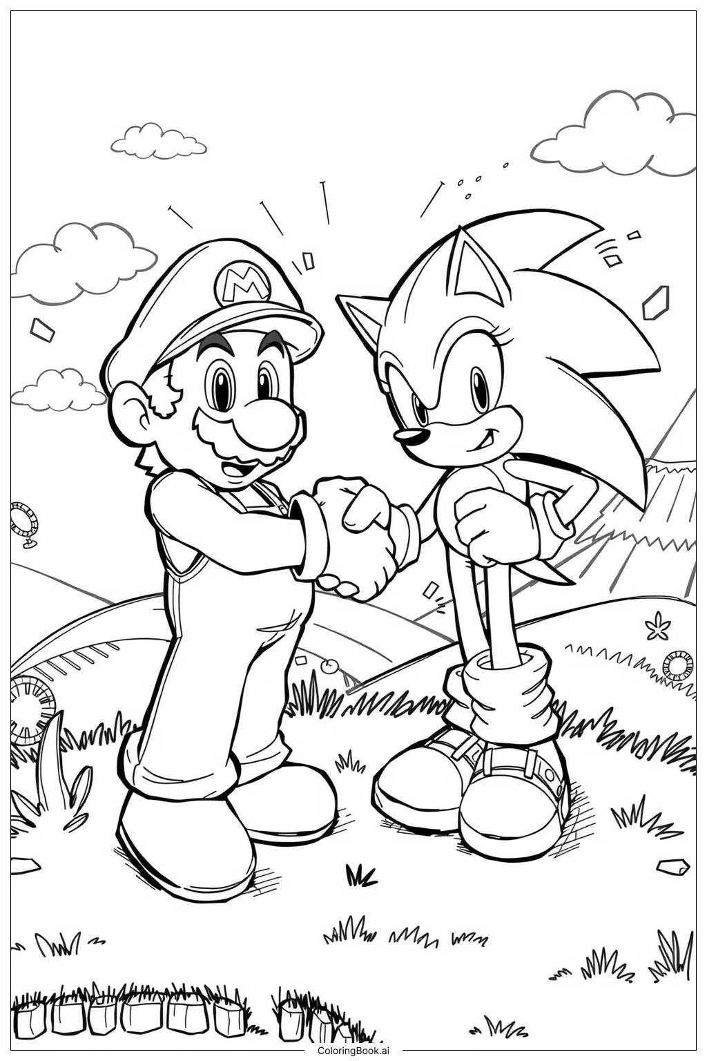  Mario und Sonic schütteln die Hände-2 Ausmalseite 