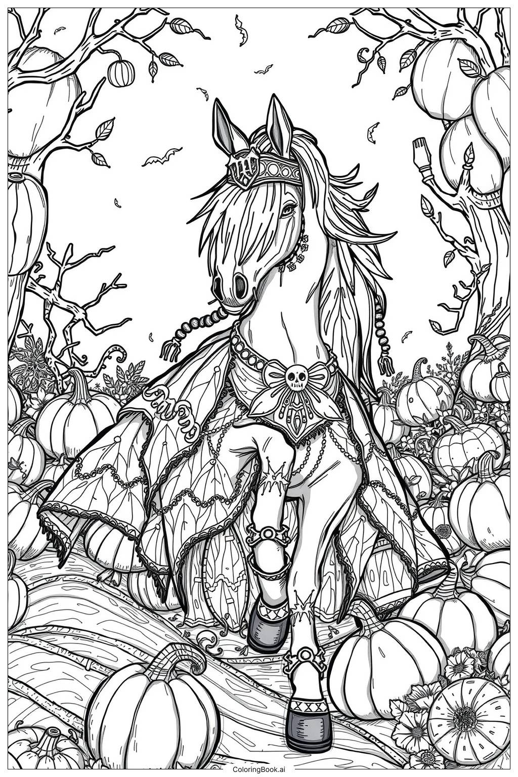  Page de coloriage Cheval d'Halloween en Costume 