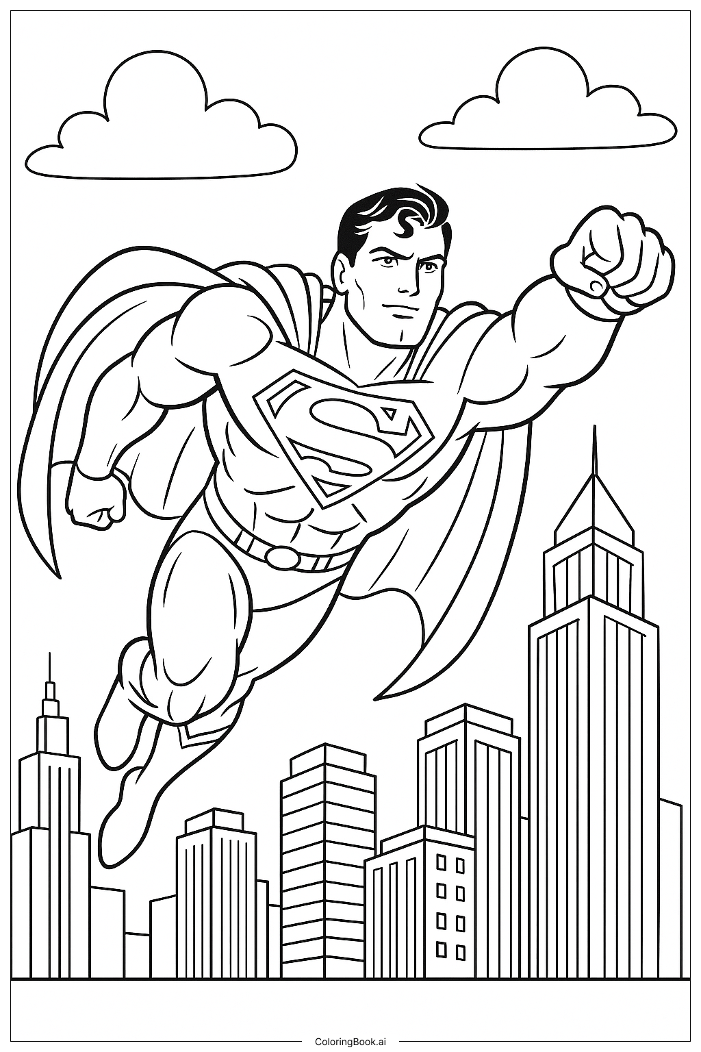  Página para colorear de Superhéroe hiperrealista volando sobre la metrópolis 