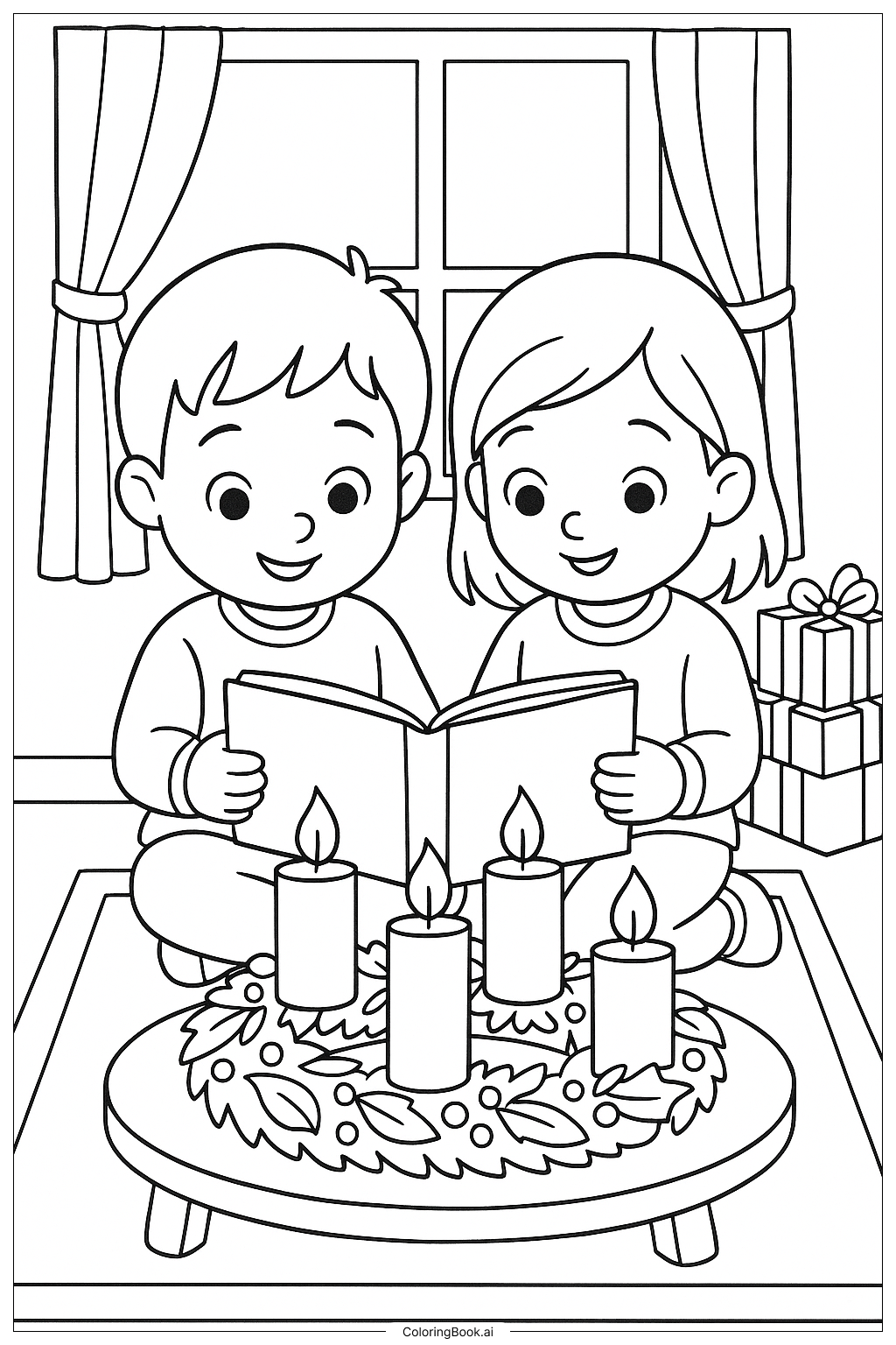  Children Reading by Advent Wreath Ausmalseite 