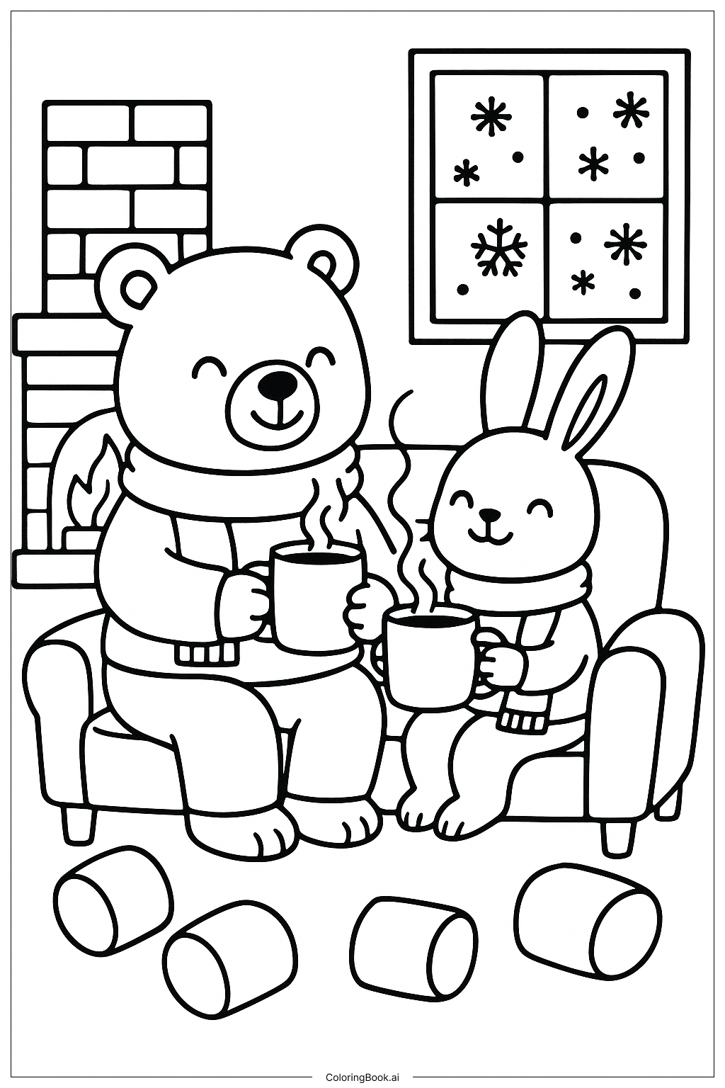 Cozy Friends Drinking Hot Chocolate Coloring Page
