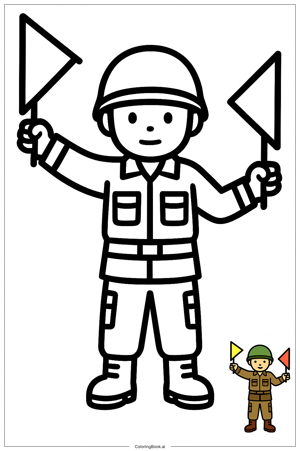  Page de coloriage Soldat de l'armée saluant avec un drapeau de signalisation 