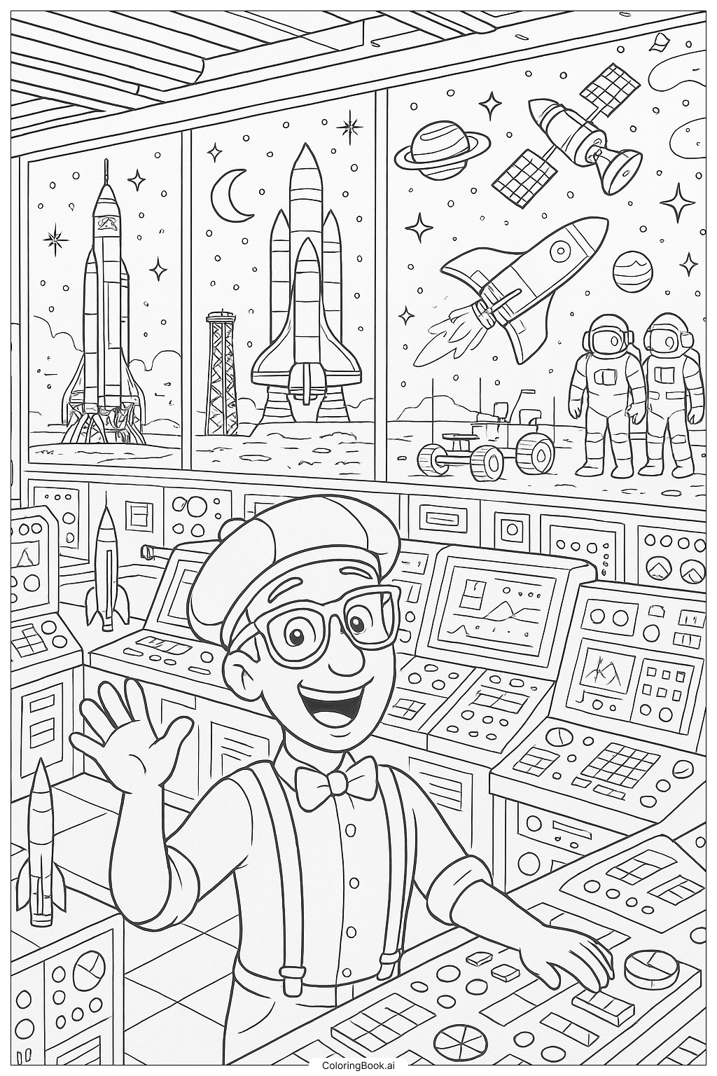  宇宙センターを訪れるブリッピの塗り絵ページ 
