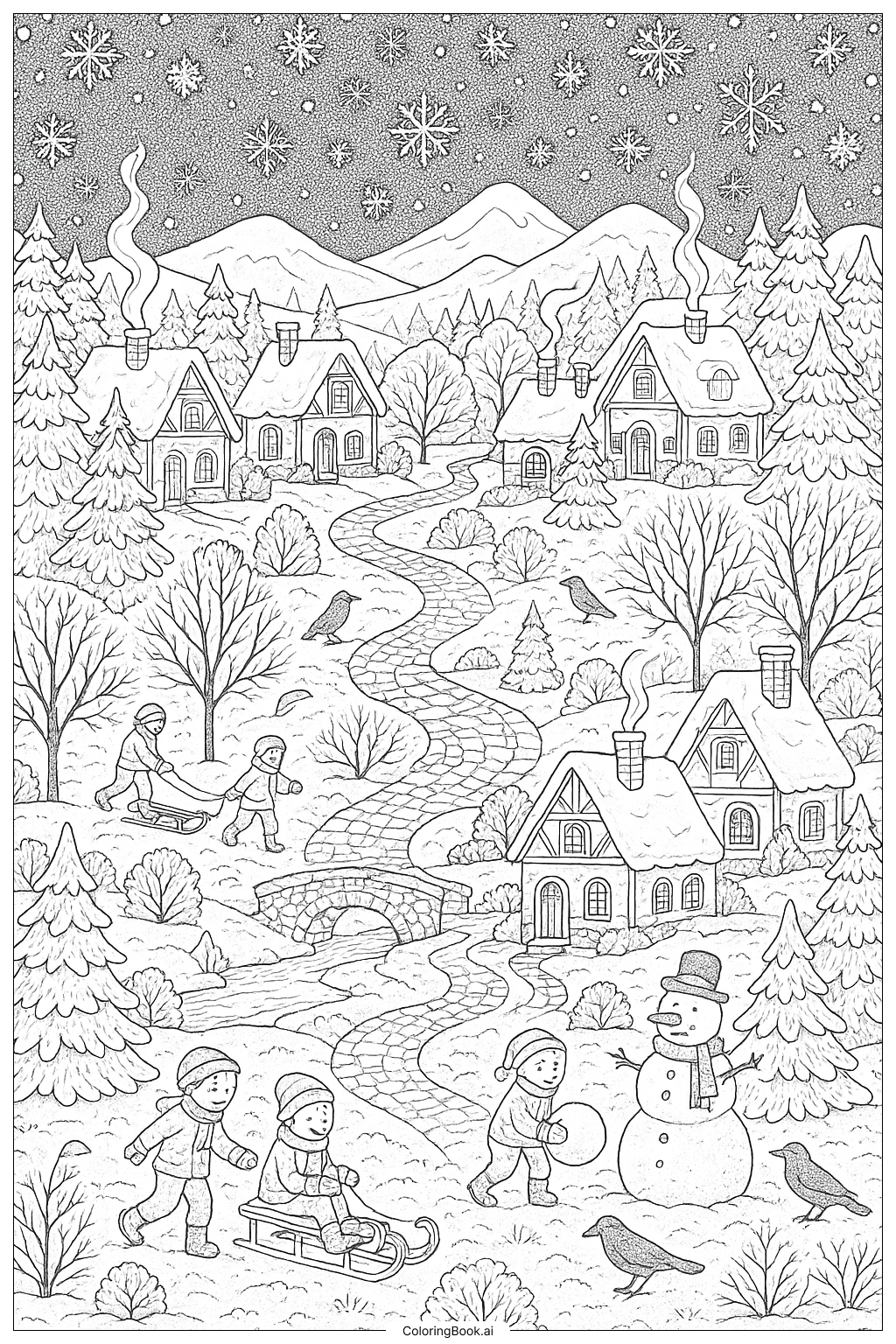  눈 오는 날 마을 원더랜드 색칠공부 페이지 
