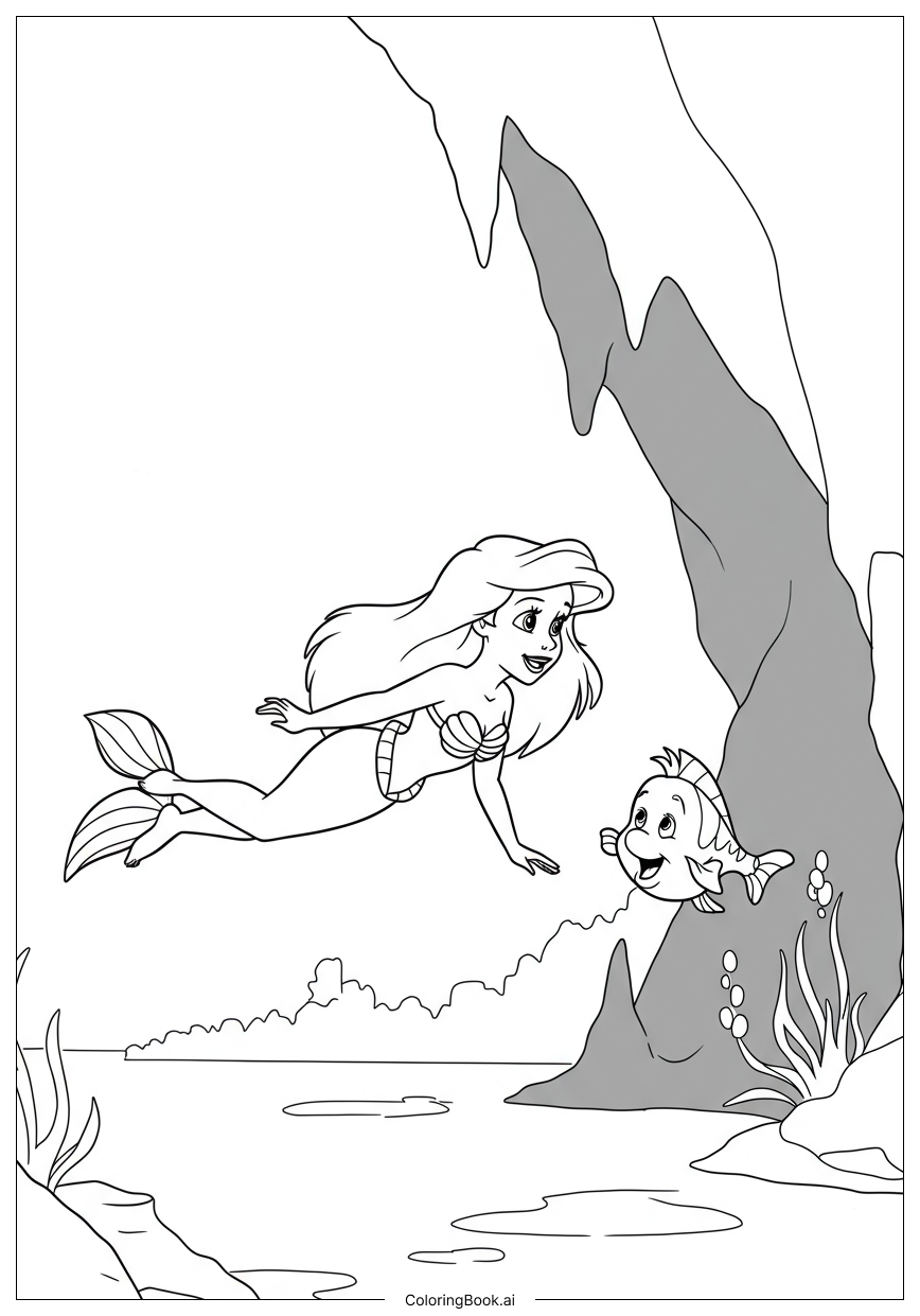  Página para colorear de Ariel Flotando Cerca de una Cueva Brillante 