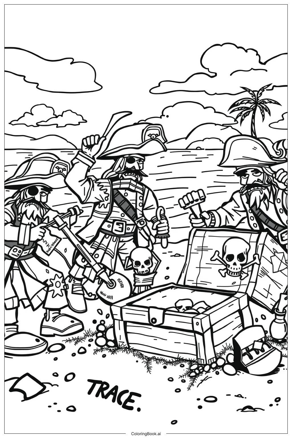  Pirate Crew Searching for Buried Treasure-2 Coloring Page 