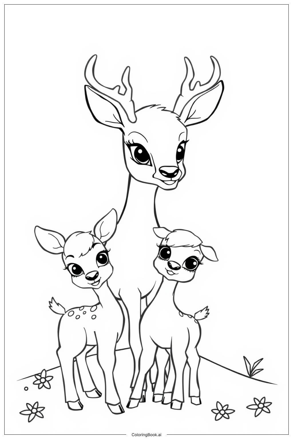  Page de coloriage Famille de cerfs en forêt 