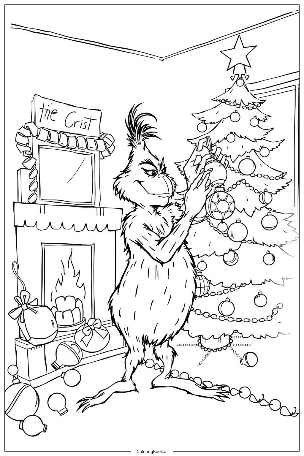  Página para colorir de Grinch decorando uma árvore de Natal-2 