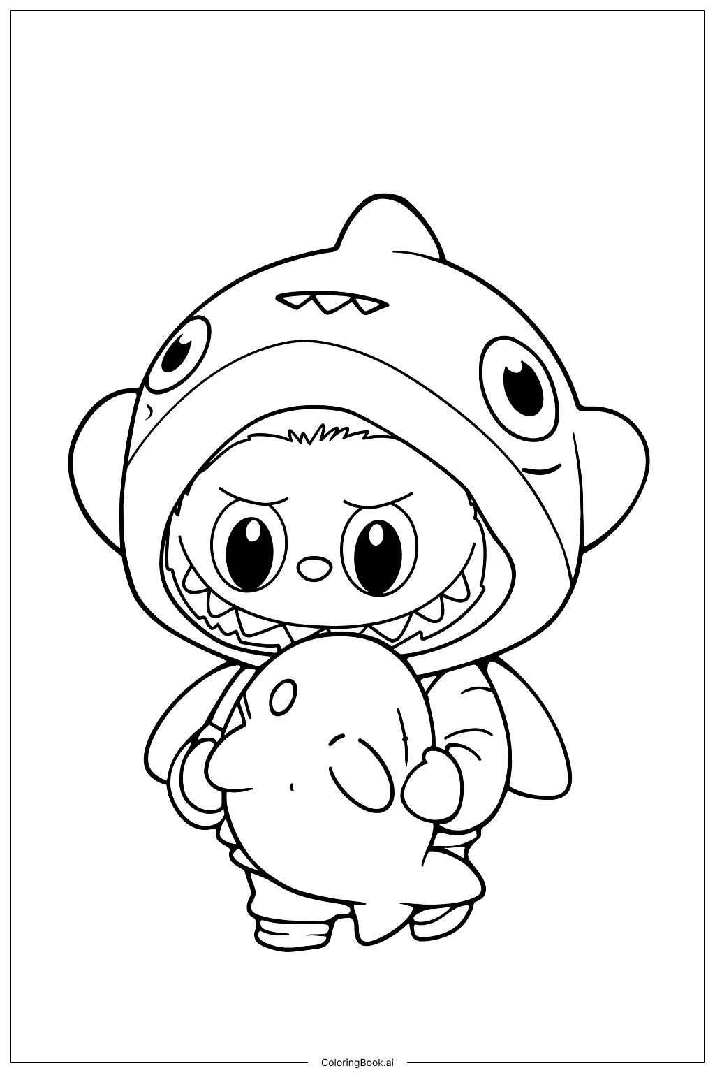 穿着鲨鱼服的Labubu填色页 