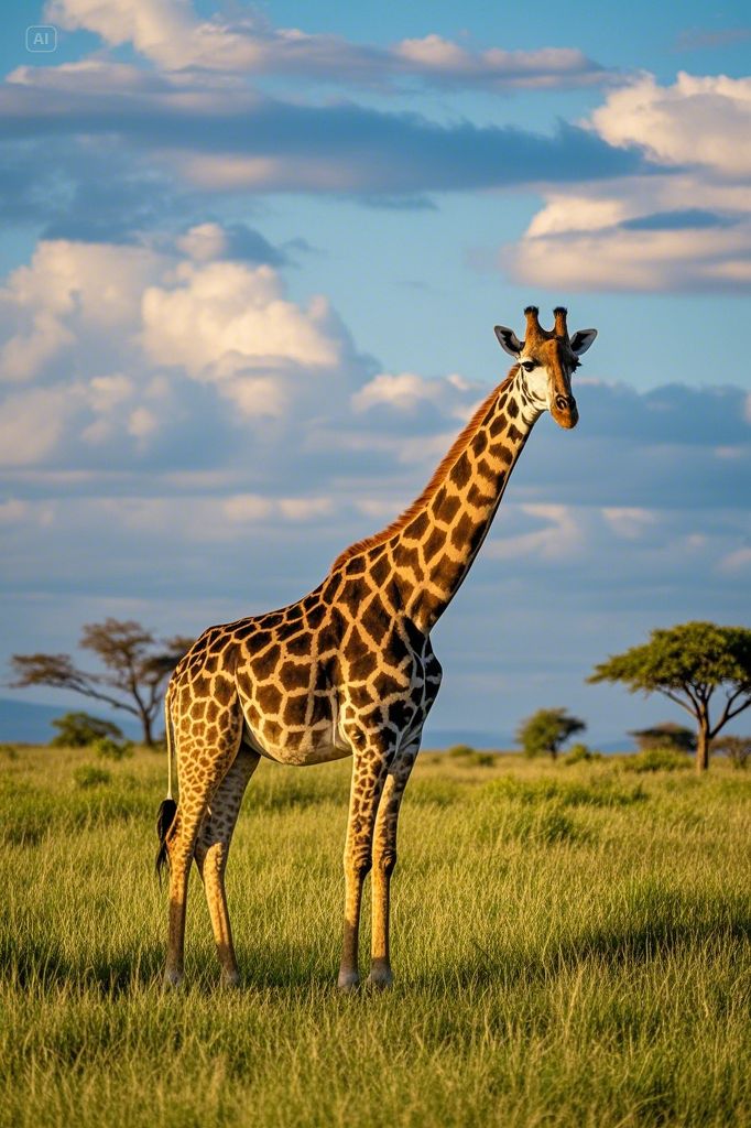 Girafe majestueuse dans un paysage de savane calme avec de l'herbe verte et un ciel nuageux