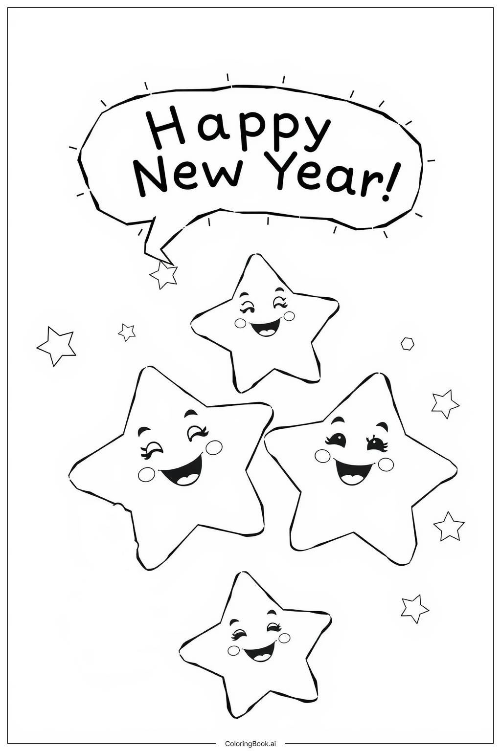  Cute Star With 'Happy New Year' Bubble Words Coloring Page 