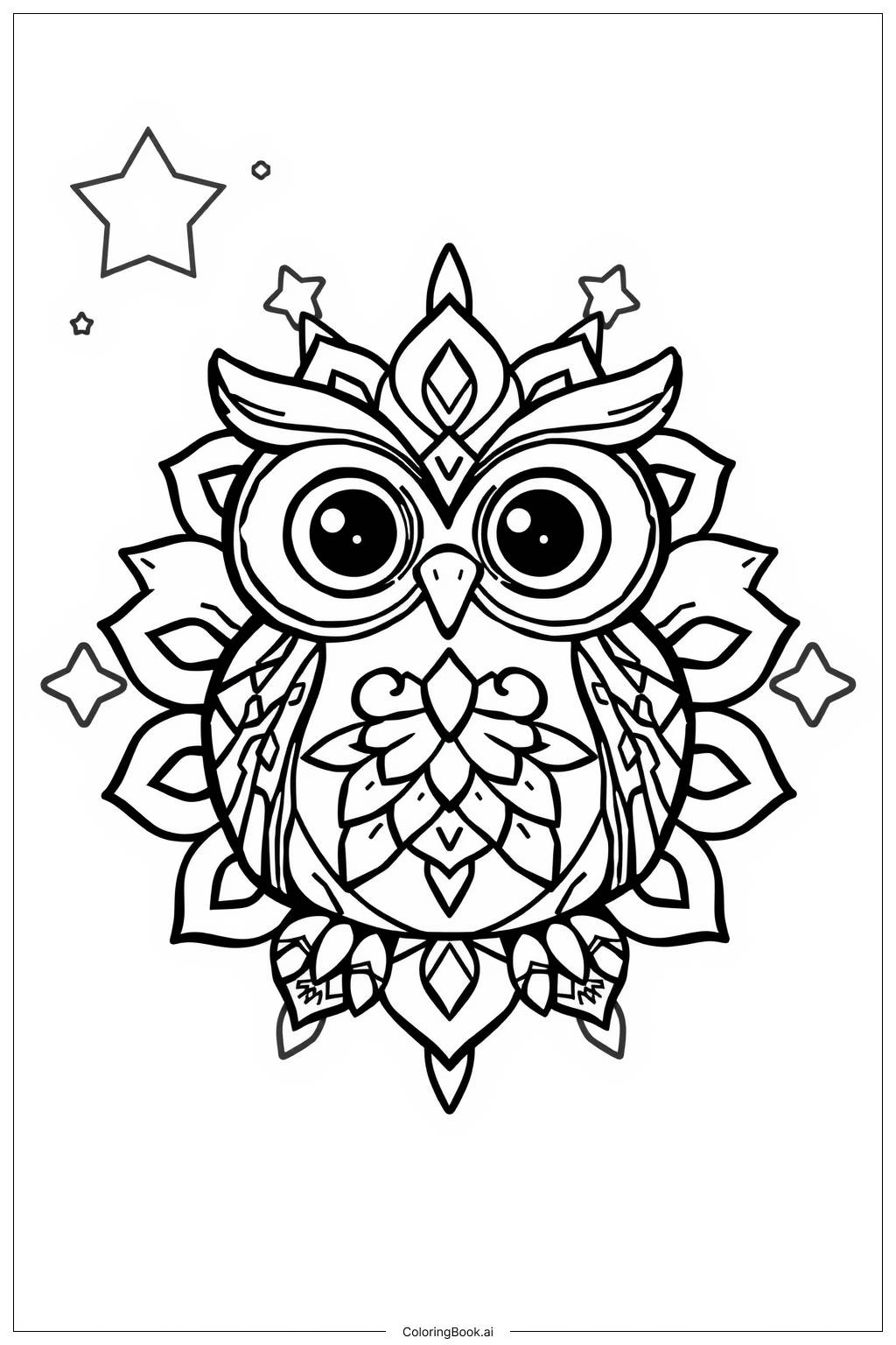  Mandala Owl with Stars Coloring Page 