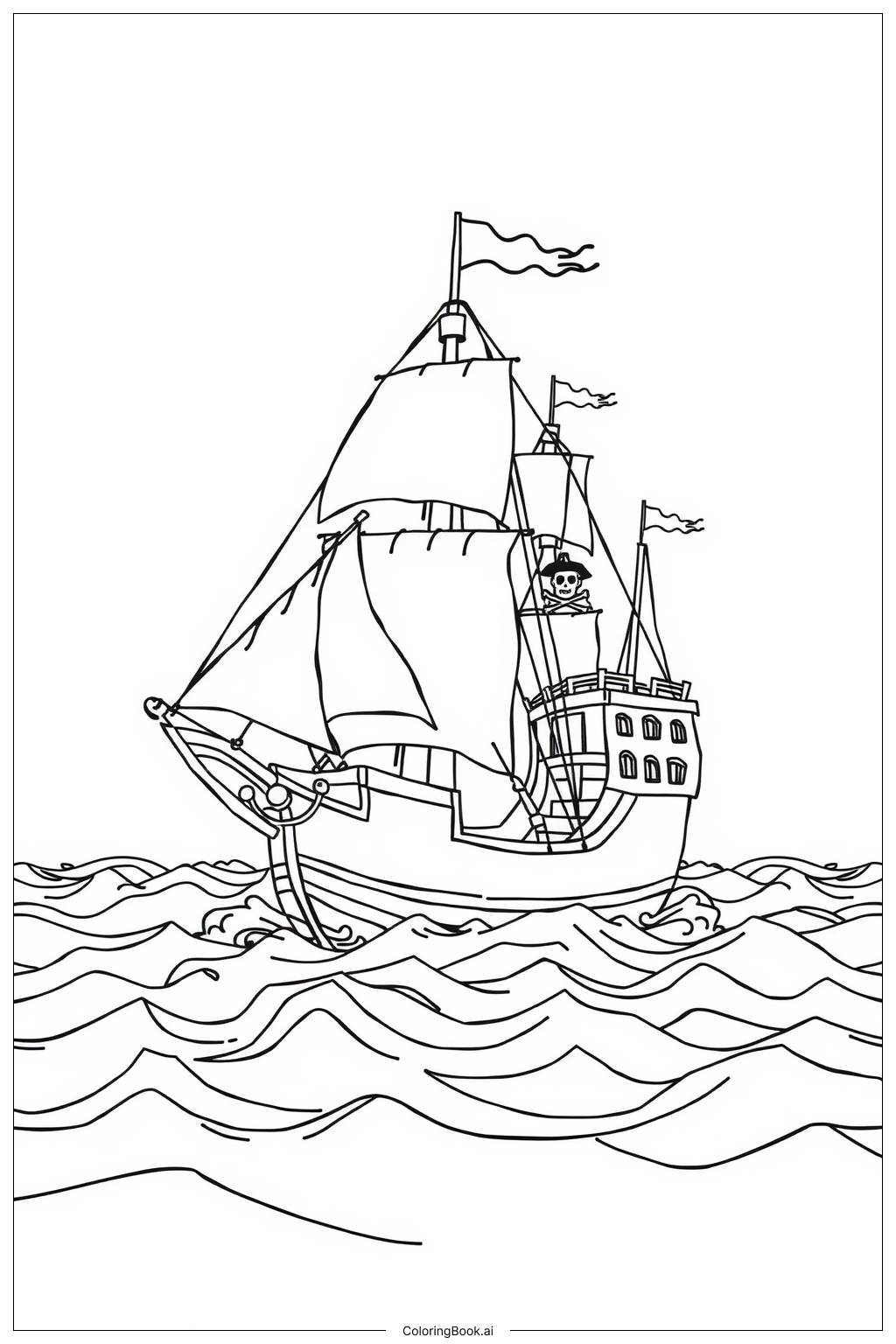  Simple Pirate Ship Sailing-2 Coloring Page 