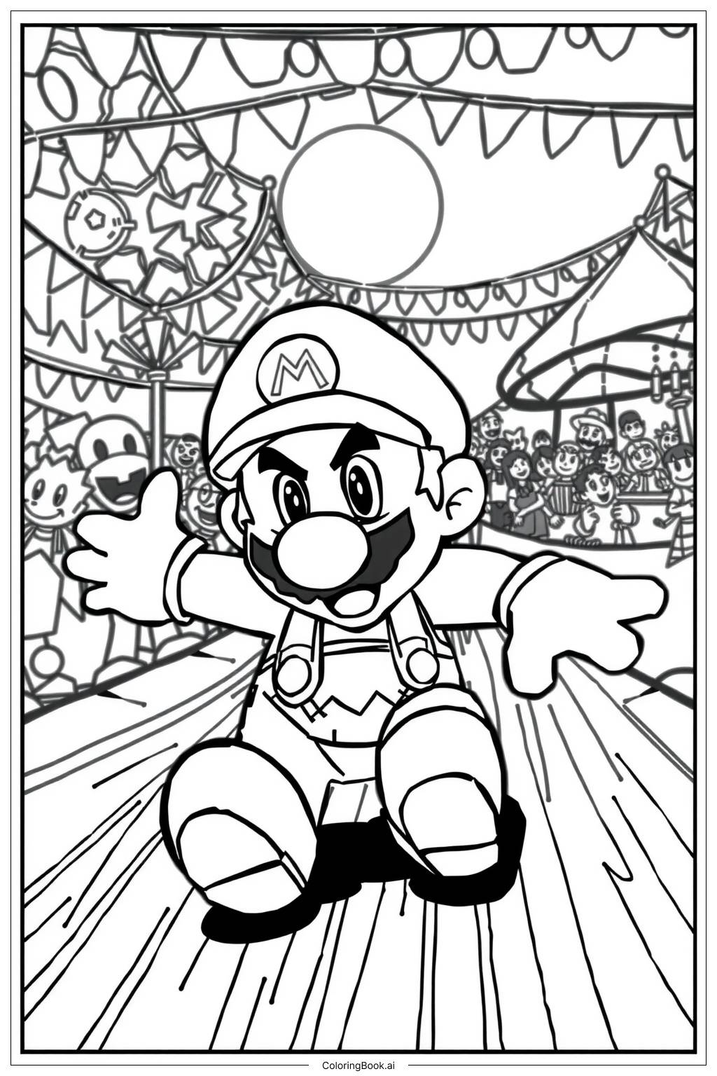  Page de coloriage Mario courant à travers un festival du Nouvel An 